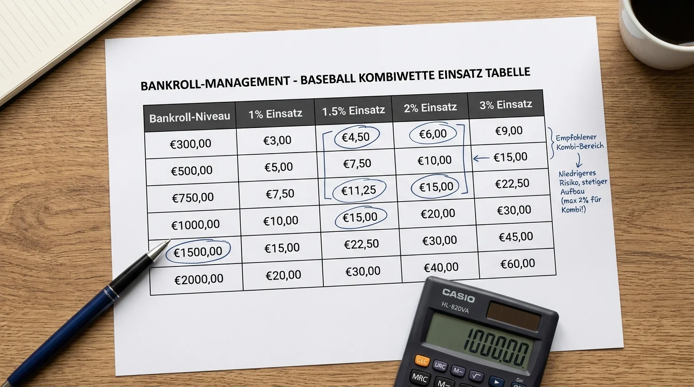 Einsatztabelle für die 1–3-Prozent-Bankroll-Regel: Beispielrechnung für Baseball-Kombiwetten bei verschiedenen Kapitalgrößen