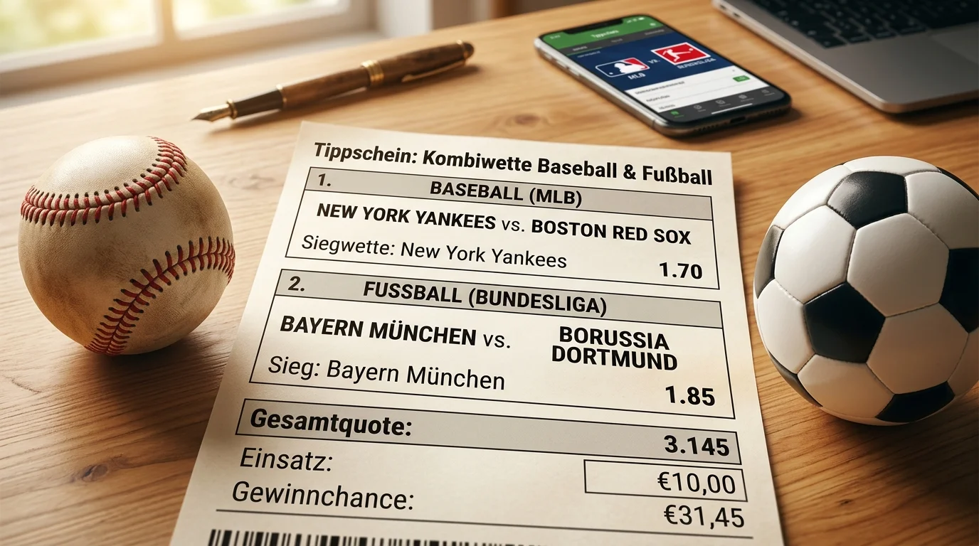 Baseball Fußball Kombiwette: Mixed-Sport Parlay mit Baseball- und Fußball-Legs auf einem deutschen Tippschein