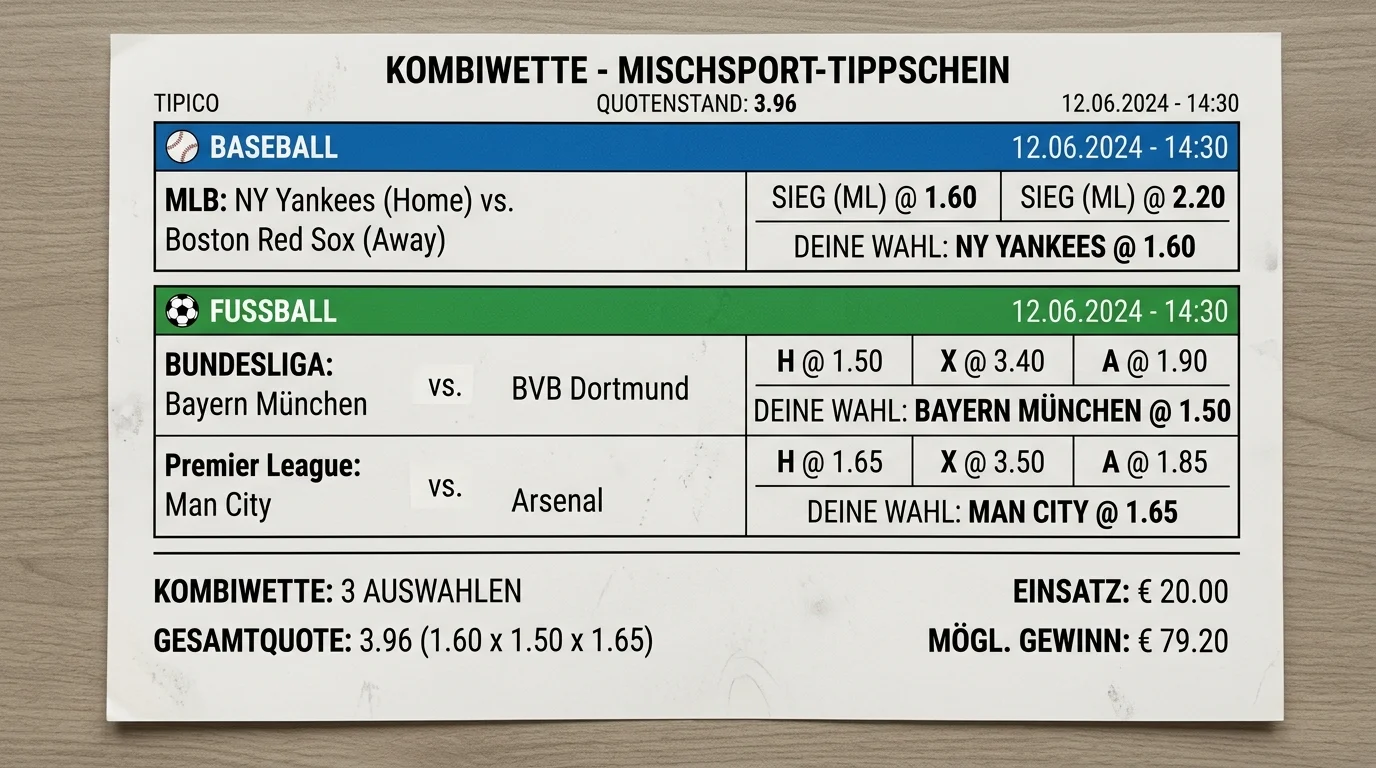 Mixed-Sport-Parlay-Tippschein mit Baseball-Moneyline und Fußball-Leg: Aufbau einer Cross-Sport-Kombiwette
