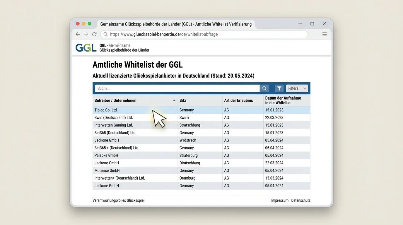 GGL-Whitelist-Check auf gluecksspiel-behoerde.de zur Überprüfung des Lizenzstatus eines Baseball-Sportwetten-Anbieters