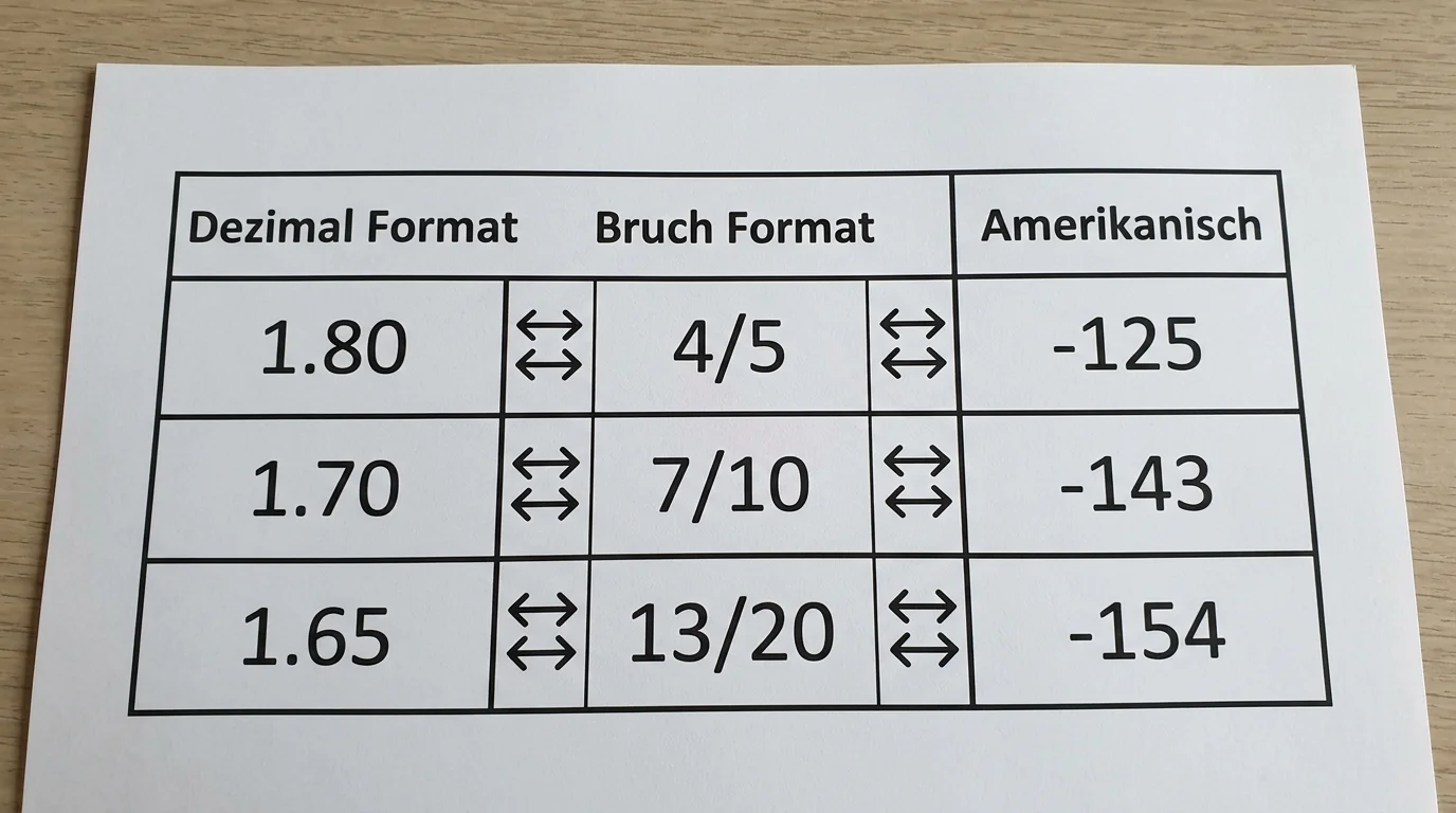 Vergleichstabelle der drei Quotenformate für Baseball-Kombiwetten-Einsteiger: Dezimal, Bruch und amerikanisches Format