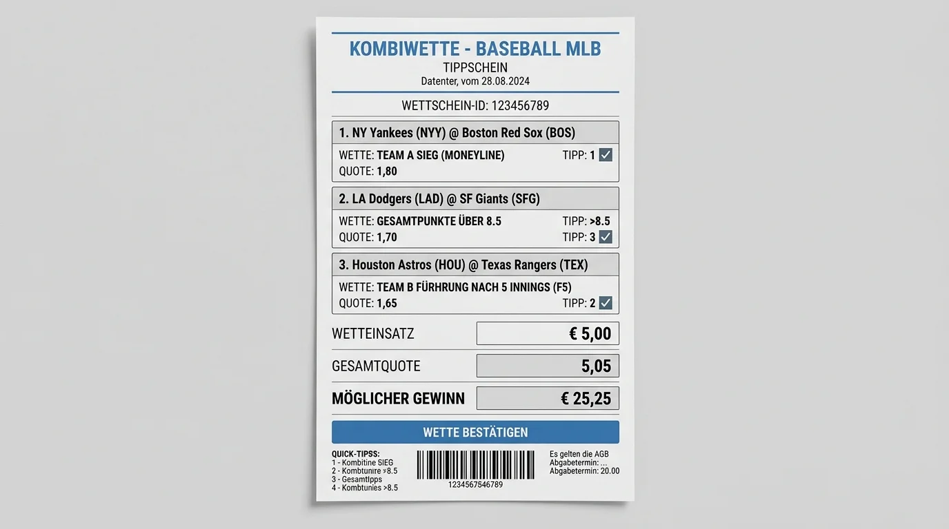 Ausgefüllter Tippschein einer ersten Baseball Kombiwette mit drei Legs, Gesamtquote und Gewinnkalkulation