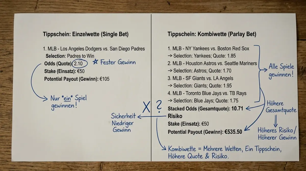 Vergleich Einzelwette und Baseball Kombiwette: Tippschein-Struktur mit einem und mehreren MLB-Legs
