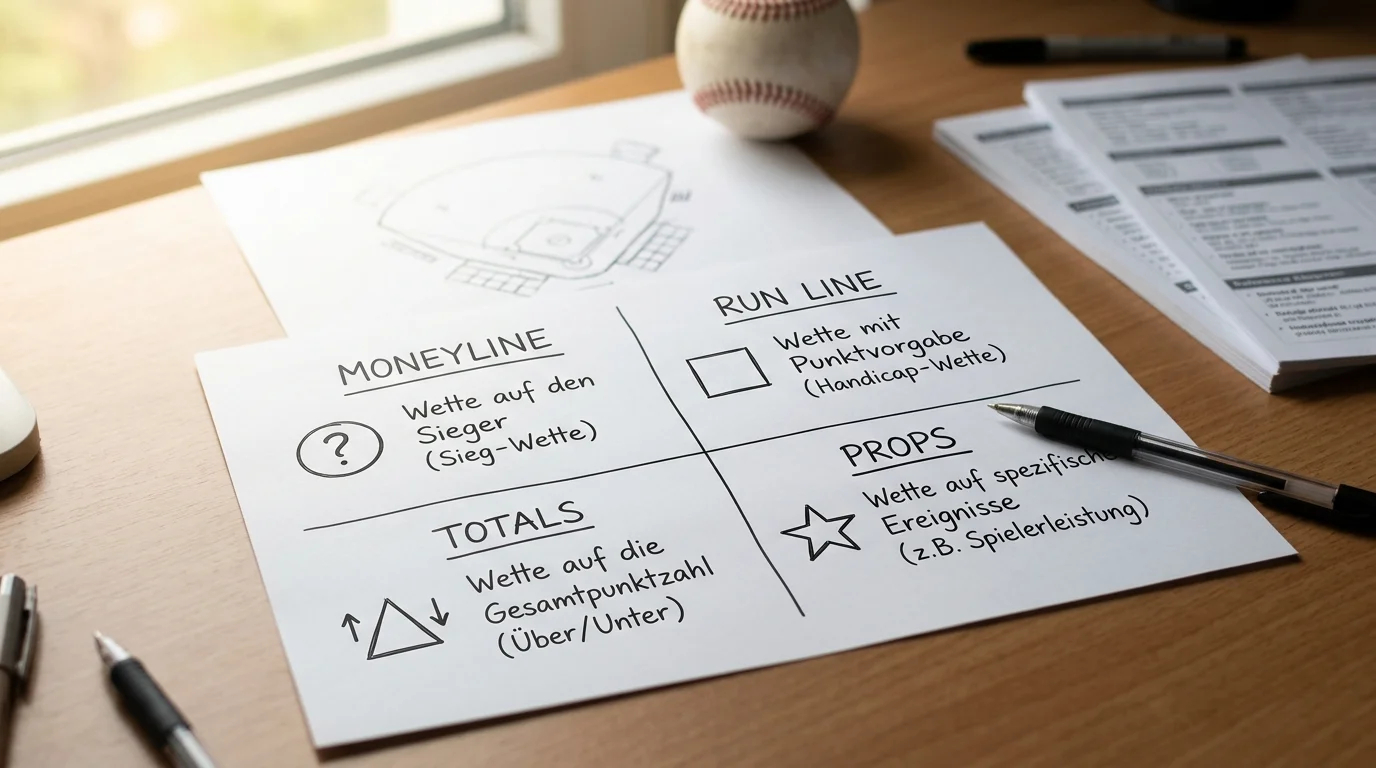 Übersicht der Baseball-Wettarten Moneyline, Run Line, Totals und Props für MLB-Parlays