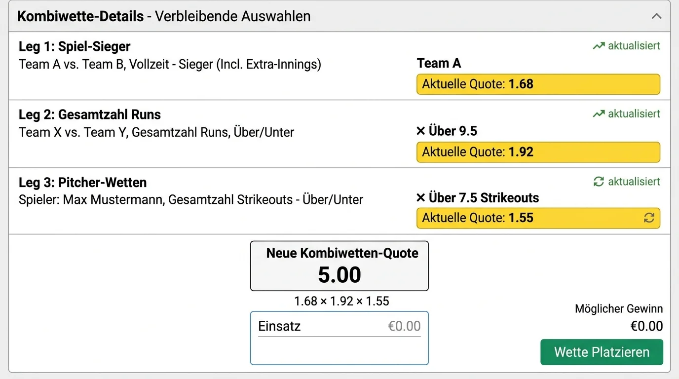 Verbleibende Parlay-Legs und ihre Quoten bei einer Baseball Kombiwette kurz vor der Cashout-Entscheidung
