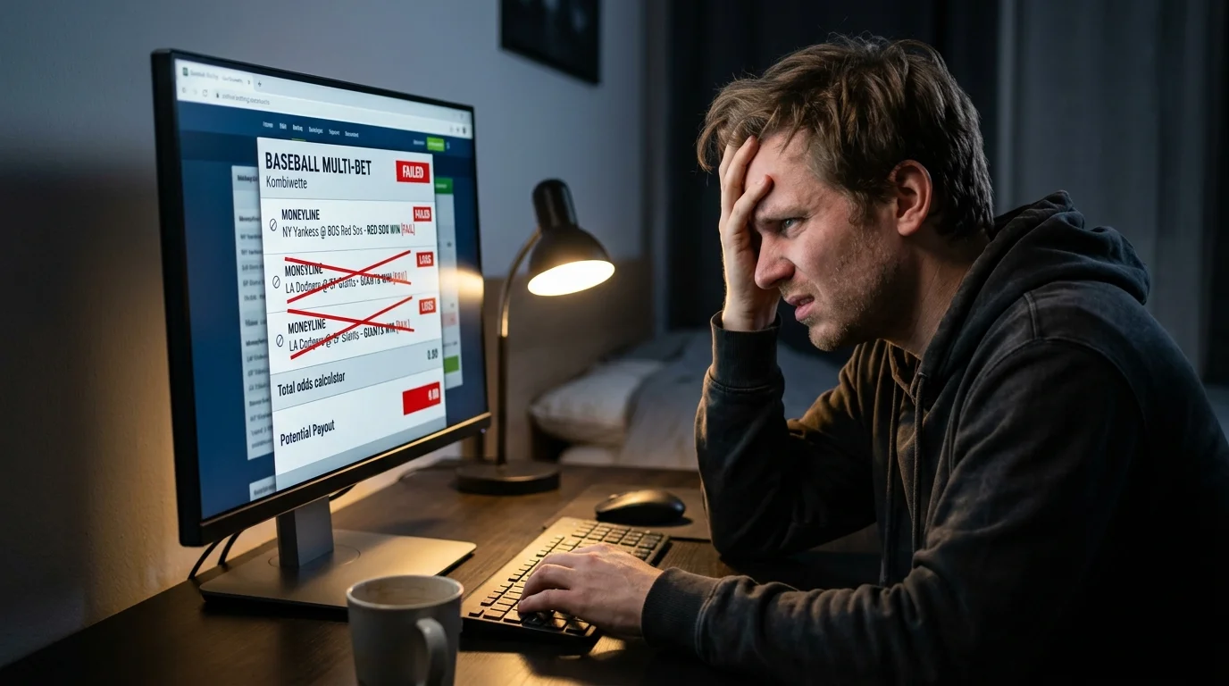 Chasing nach Baseball Kombiwetten-Verlust: Parlay-Wetter analysiert seinen verlorenen Tippschein am Bildschirm