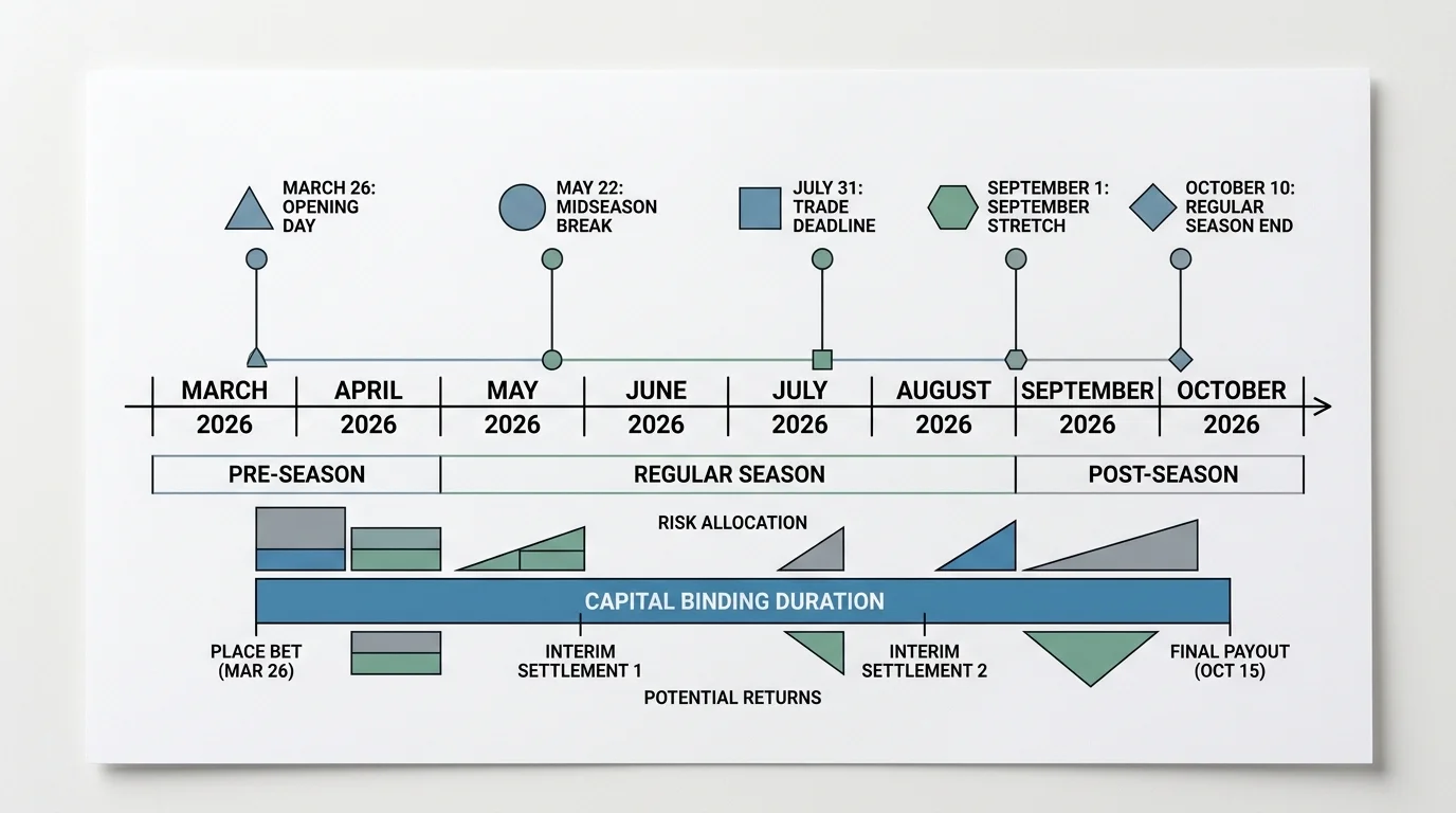 Diagramm der Kapitalbildung und -bindung bei Division-Sieger Kombiwetten über die MLB-Saison 2026