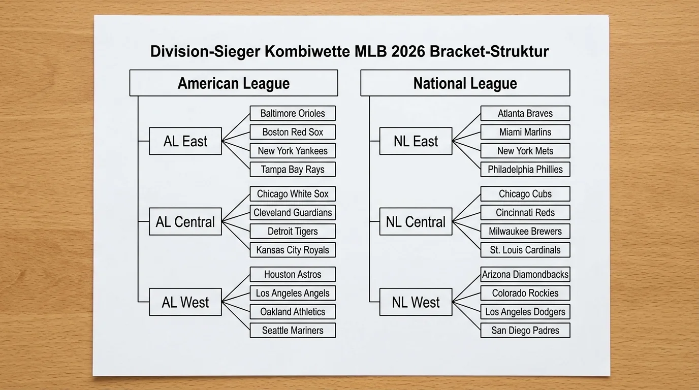 Strukturdiagramm der sechs MLB-Divisionen in AL und NL für Division-Sieger-Kombiwetten 2026