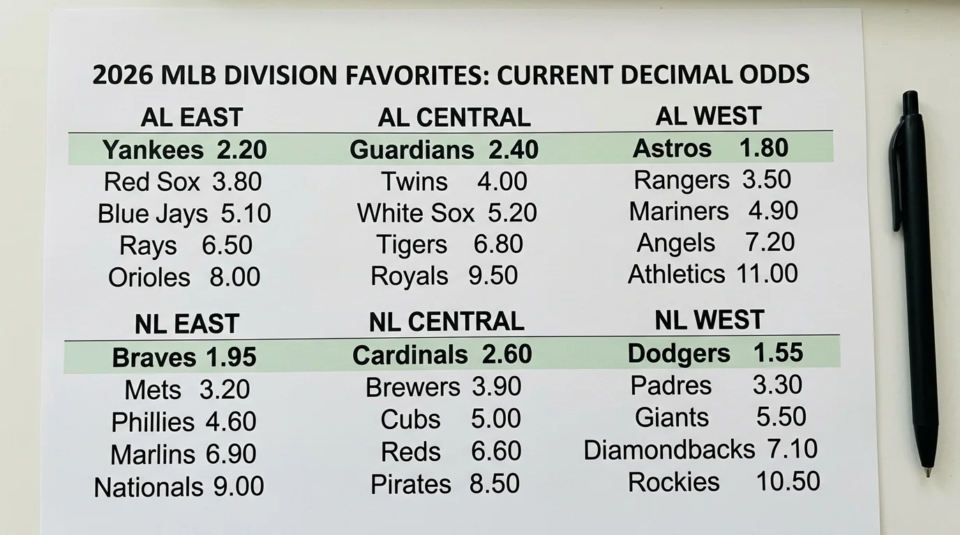 Tabellarische Division-Sieger-Quoten MLB 2026 mit Favoriten und Außenseitern für Kombiwetten