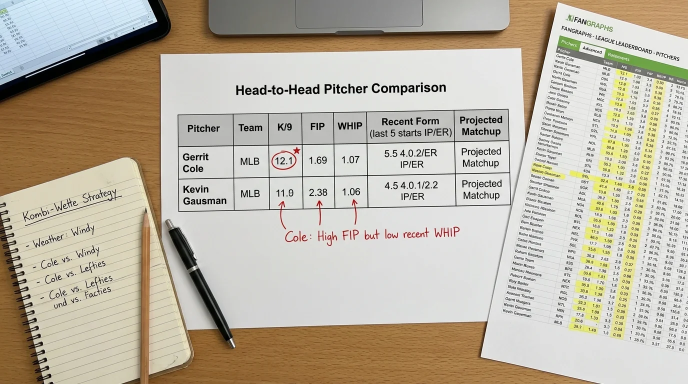 Datentabelle mit FIP, K/9 und Matchup-Splits zweier MLB-Pitcher für Head-to-Head Baseball-Kombiwette