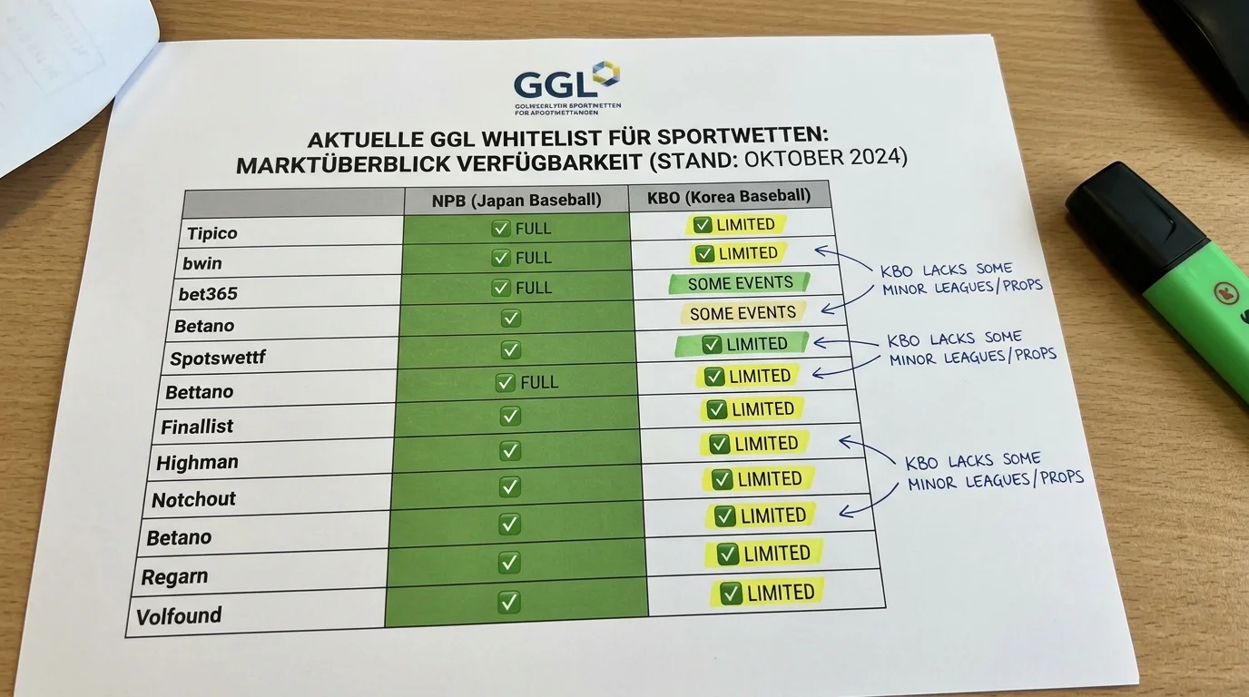 KBO-Markttiefe bei GGL-lizenzierten deutschen Anbietern: Verfügbarkeit von Korea-Baseball-Wetten im Vergleich zur NPB