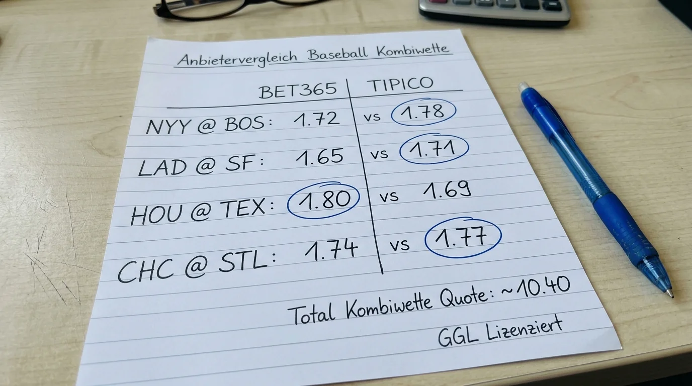 Tabellarischer Quotenvergleich zwischen zwei GGL-Anbietern für denselben MLB-Moneyline-Leg