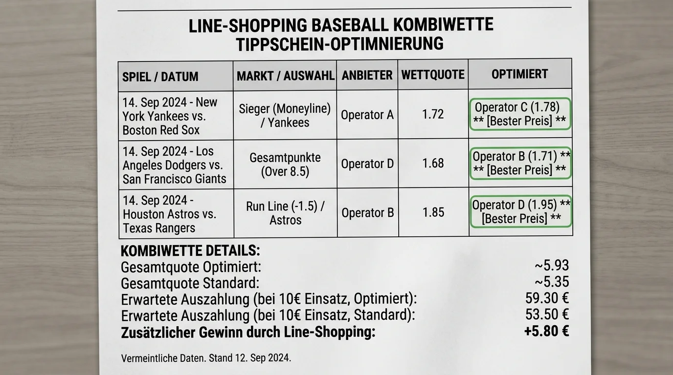 Optimierter Tippschein einer Baseball Kombiwette nach systematischem Line Shopping zwischen GGL-Anbietern
