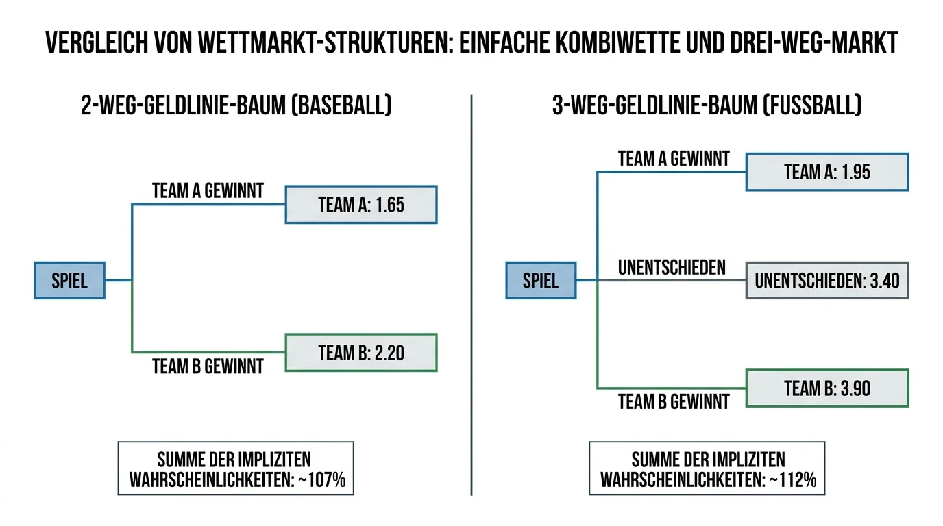 Vergleich Zwei-Weg-Markt Baseball Moneyline gegenüber Fußball-Drei-Weg-Markt im Parlay