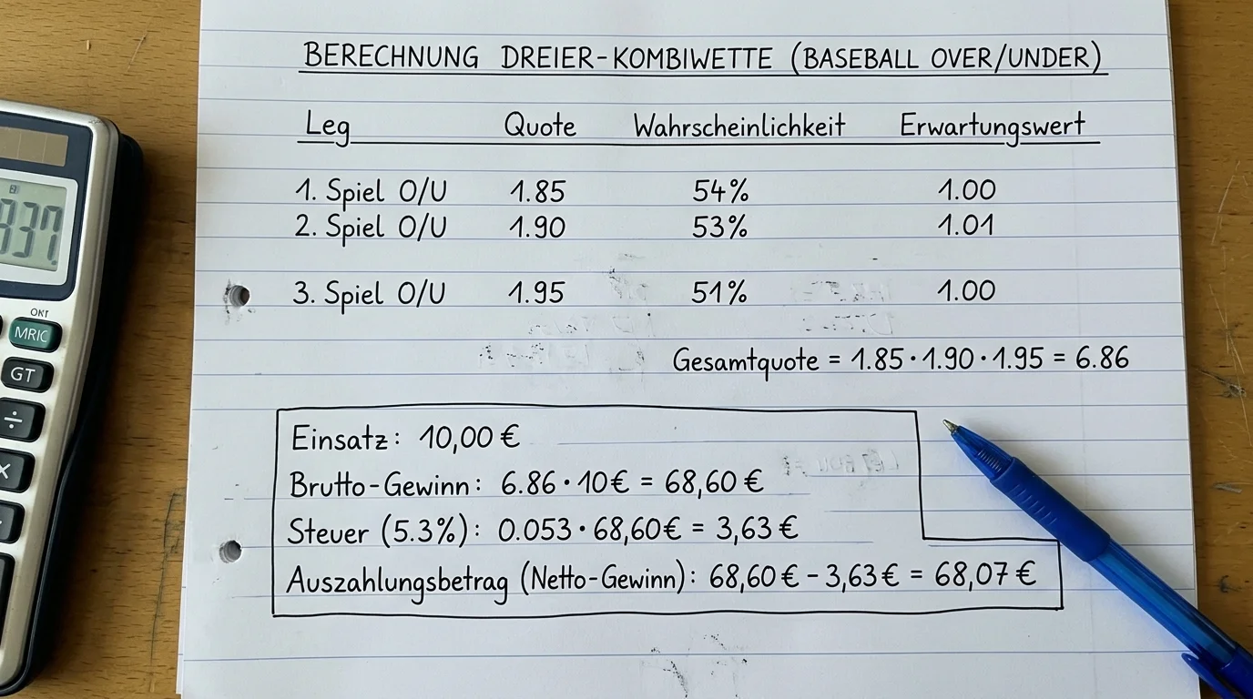 Schritt-für-Schritt-Kalkulation einer Drei-Spiele Over/Under Kombiwette Baseball mit Sportwettsteuer