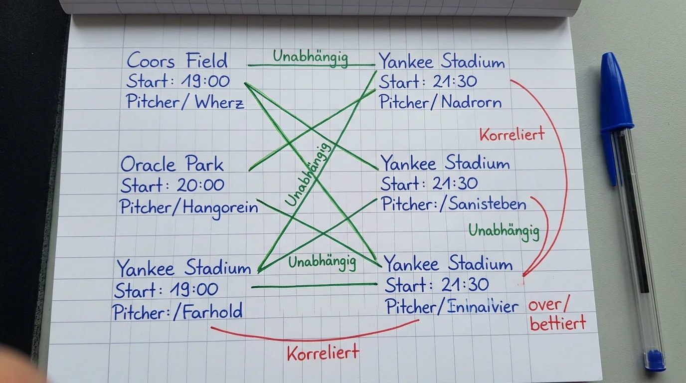 Korrelationsprüfung für Over/Under Legs in einer Baseball Kombiwette: unabhängige Parlay-Konstruktion
