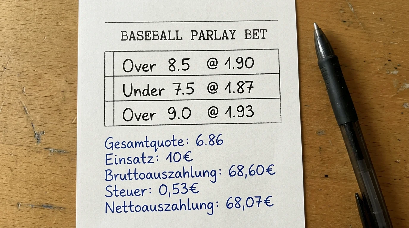 Over/Under Parlay Baseball: drei Legs mit Totals-Quoten und Gesamtquote im Rechenbeispiel