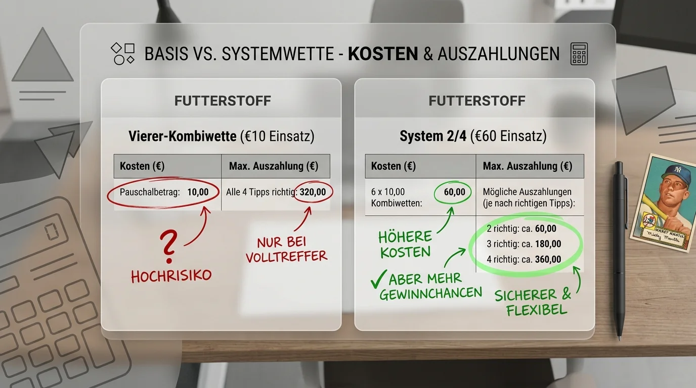 Kostenvergleich Systemwette 2/4 versus Kombiwette Baseball vier Picks Risikostruktur